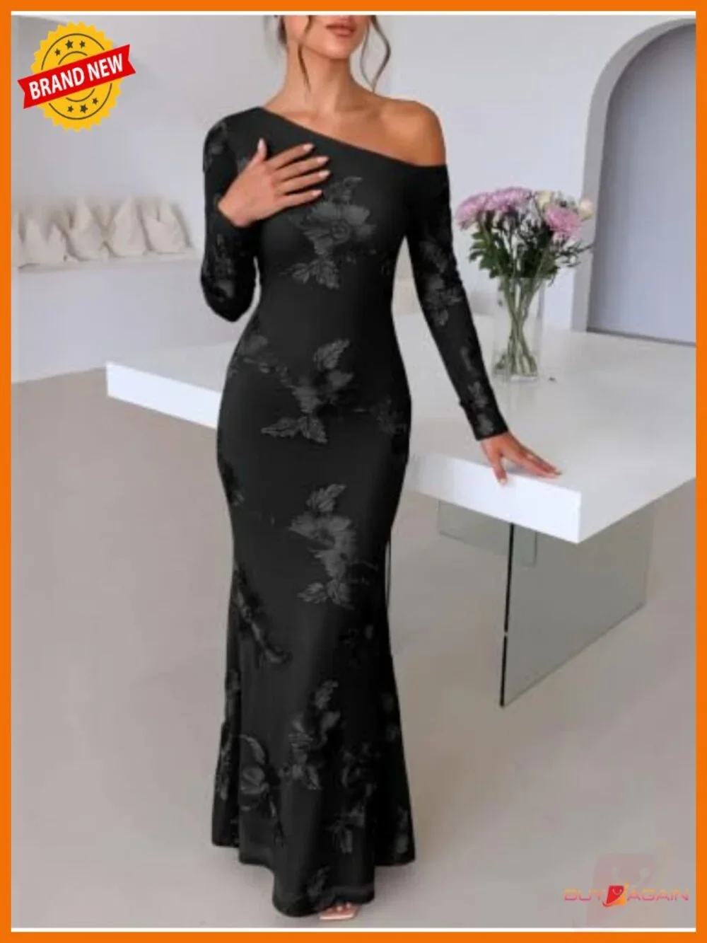 Caracilia One Shoulder Long Sleeve Floral Bodycon Maxi Dress Wedding Guest